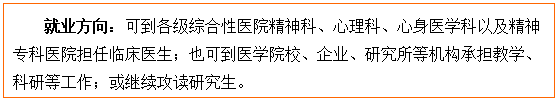 文本框: 就业方向：可到各级综合性医院精神科、心理科、心身医学科以及精神专科医院担任临床医生；也可到医学院校、企业、研究所等机构承担教学、科研等工作；或继续攻读研究生。